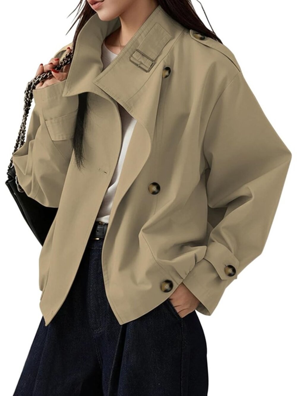 Women's Khaki Retro Oversized Funnel Neck Pocket Windbreaker Cropped Trench Coat